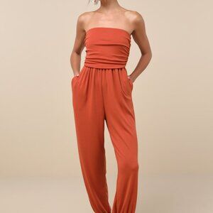 Lulus Flawless Comfort Burnt Orange Ruched Strapless Jogger Jumpsuit - Size XS